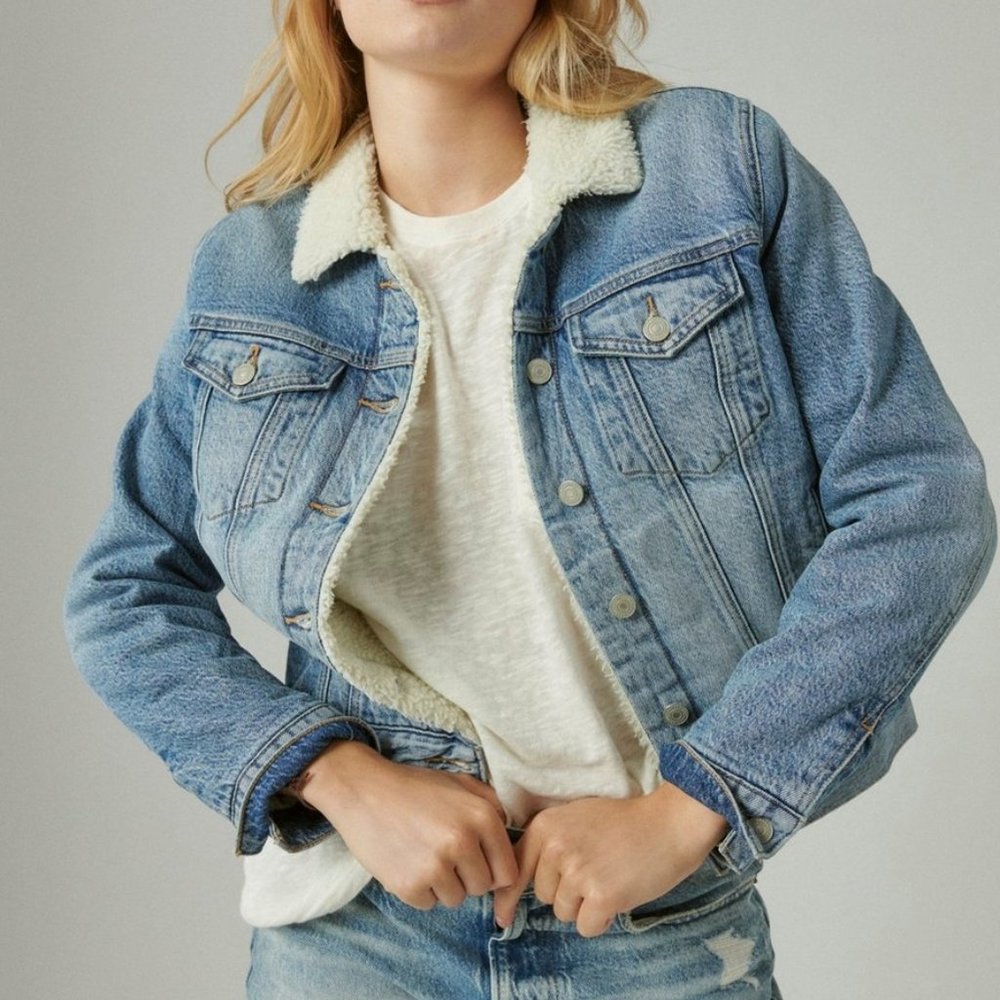Lucky Brand Faux Shearling Lined Denim Trucker Jacket Size XS